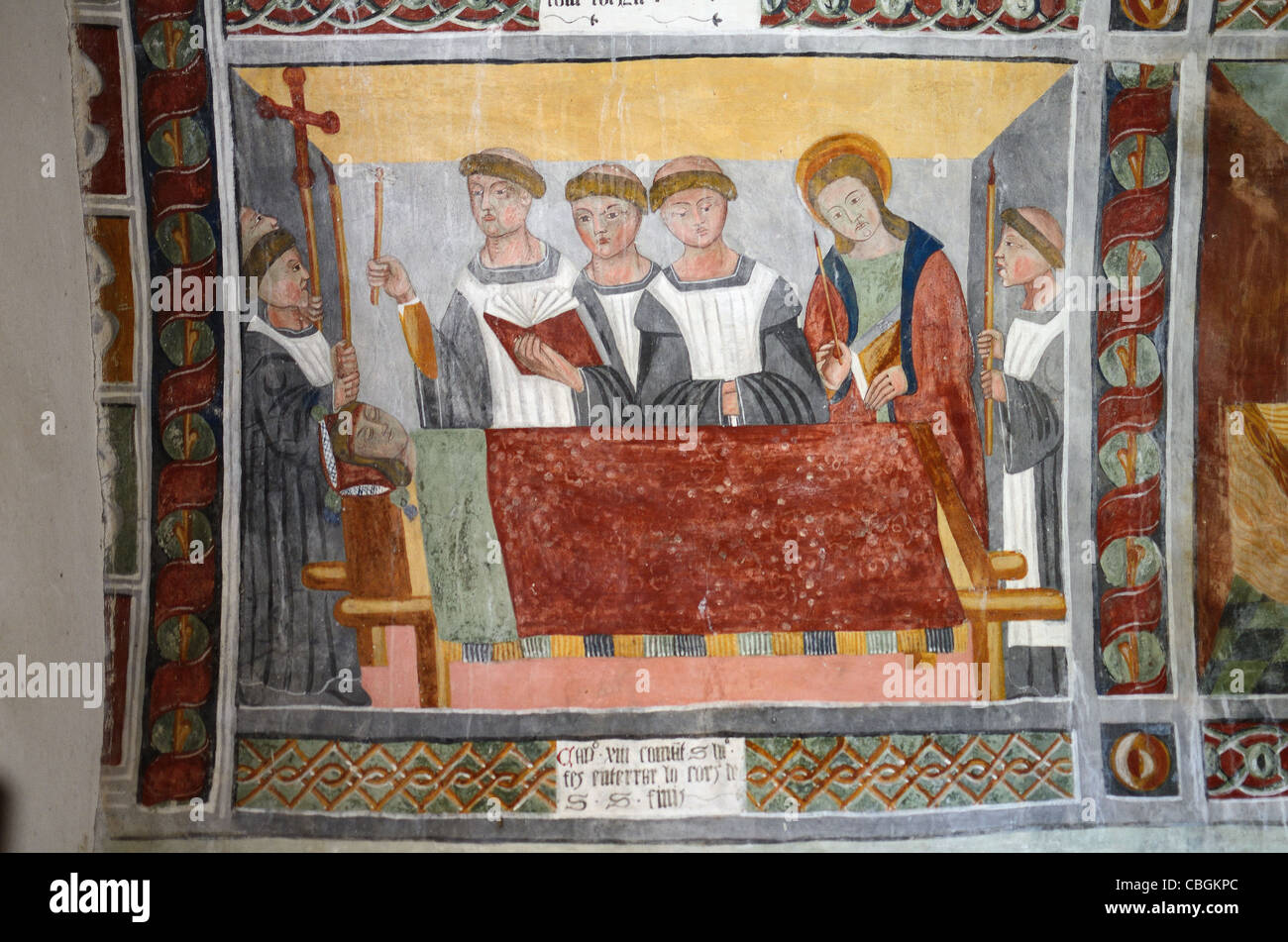 La mort de Saint Sébastien sur lit de mort, la peinture murale fresque ou chapelle de St Sébastien (1513), Roubion, la Tinée Vallée, France Banque D'Images