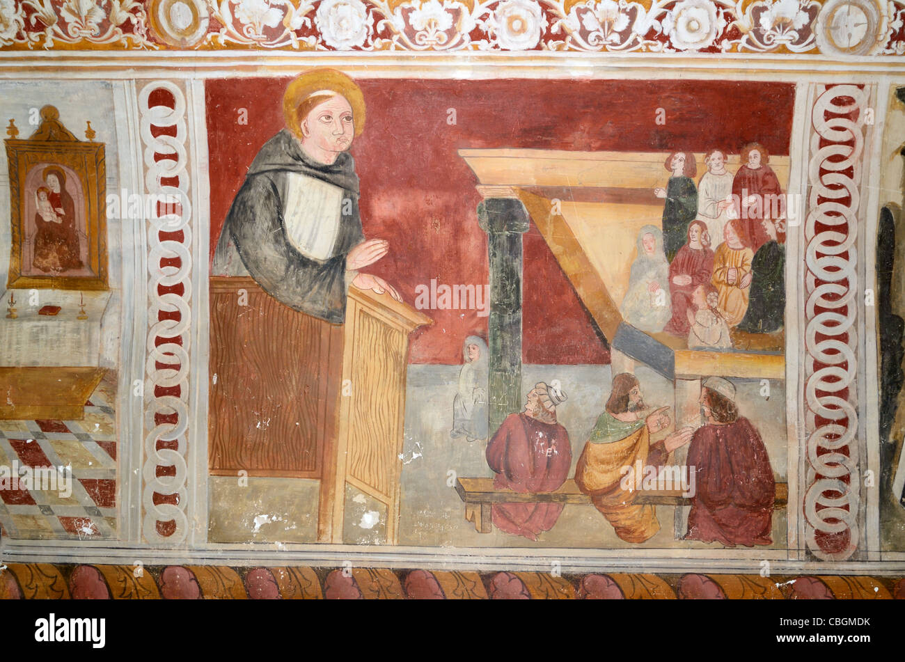 Saint Bernard de Menthon prêchant de Lecturn Fresco ou Chapelle de peinture murale de Saint Bernard et Saint Sébastien, Roure (1510), Alpes-Maritimes France Banque D'Images