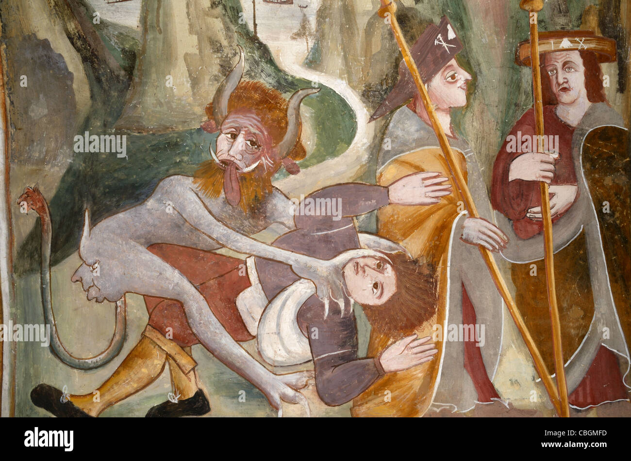 Pèlerins chrétiens attaqués par le diable alors qu'ils sont sur le mur de pèlerinage peinture ou Fresco, Chapelle de Saint Bernard et Saint Sébastien (1510), Roure, France Banque D'Images