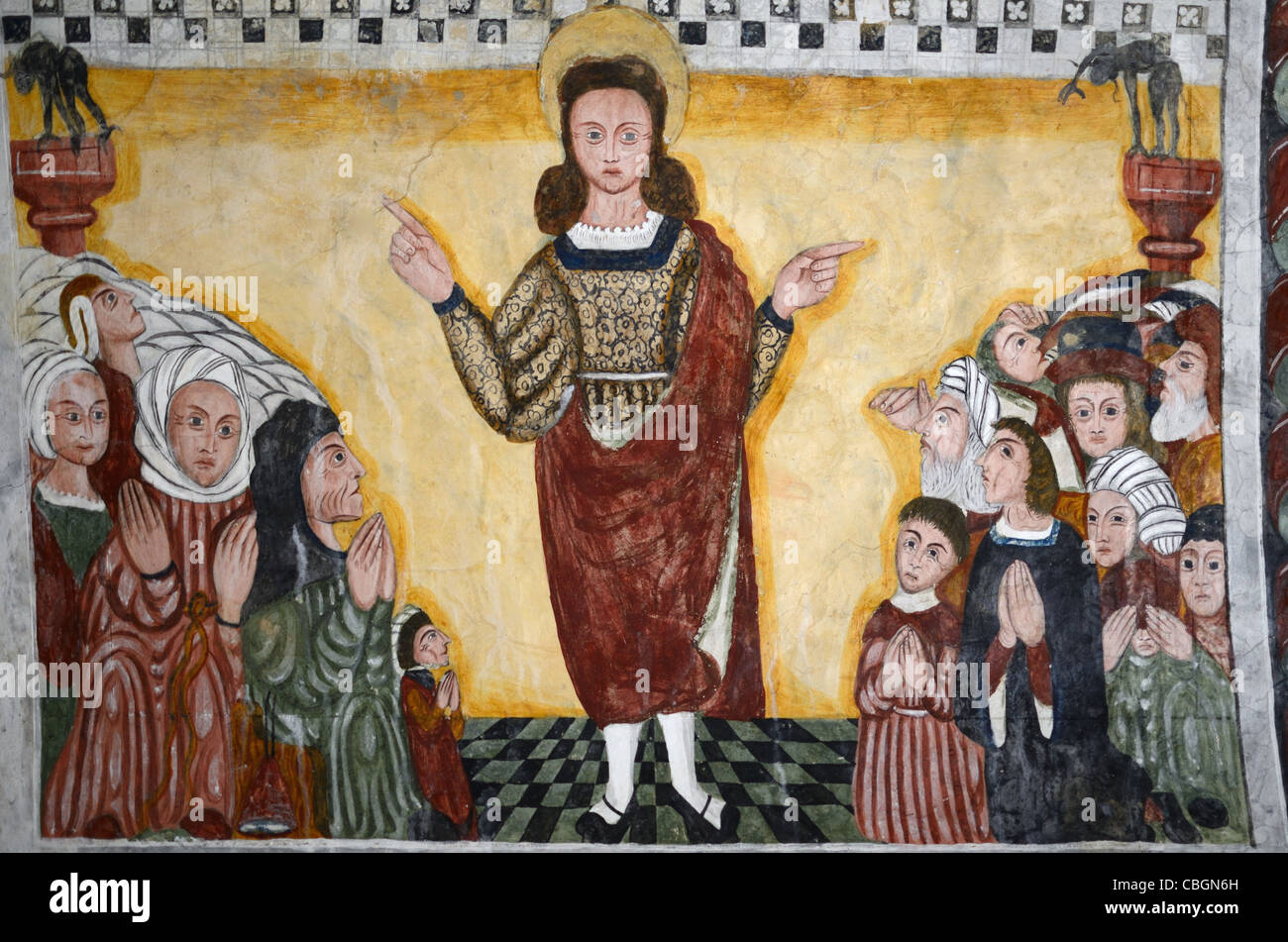 Saint-Sébastien prêchant, fresque ou peinture murale dans la chapelle rurale de Saint-Sébastien (1513), Roubion, Alpes-Maritimes, France Banque D'Images