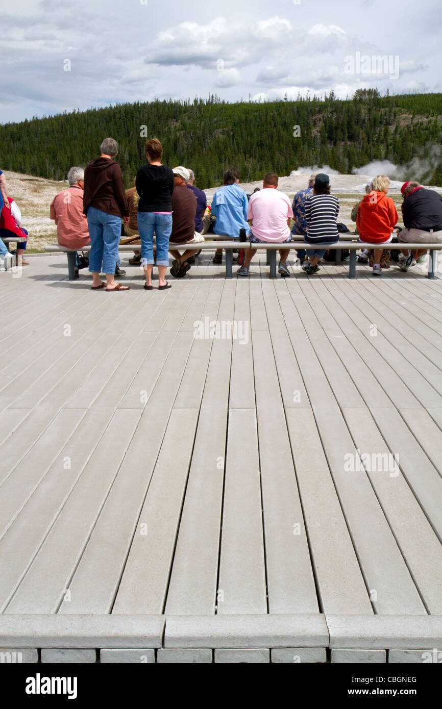Du bois en plastique recyclé à l'ancienne zone de visualisation fidèle dans le Parc National de Yellowstone, Wyoming, USA. Banque D'Images
