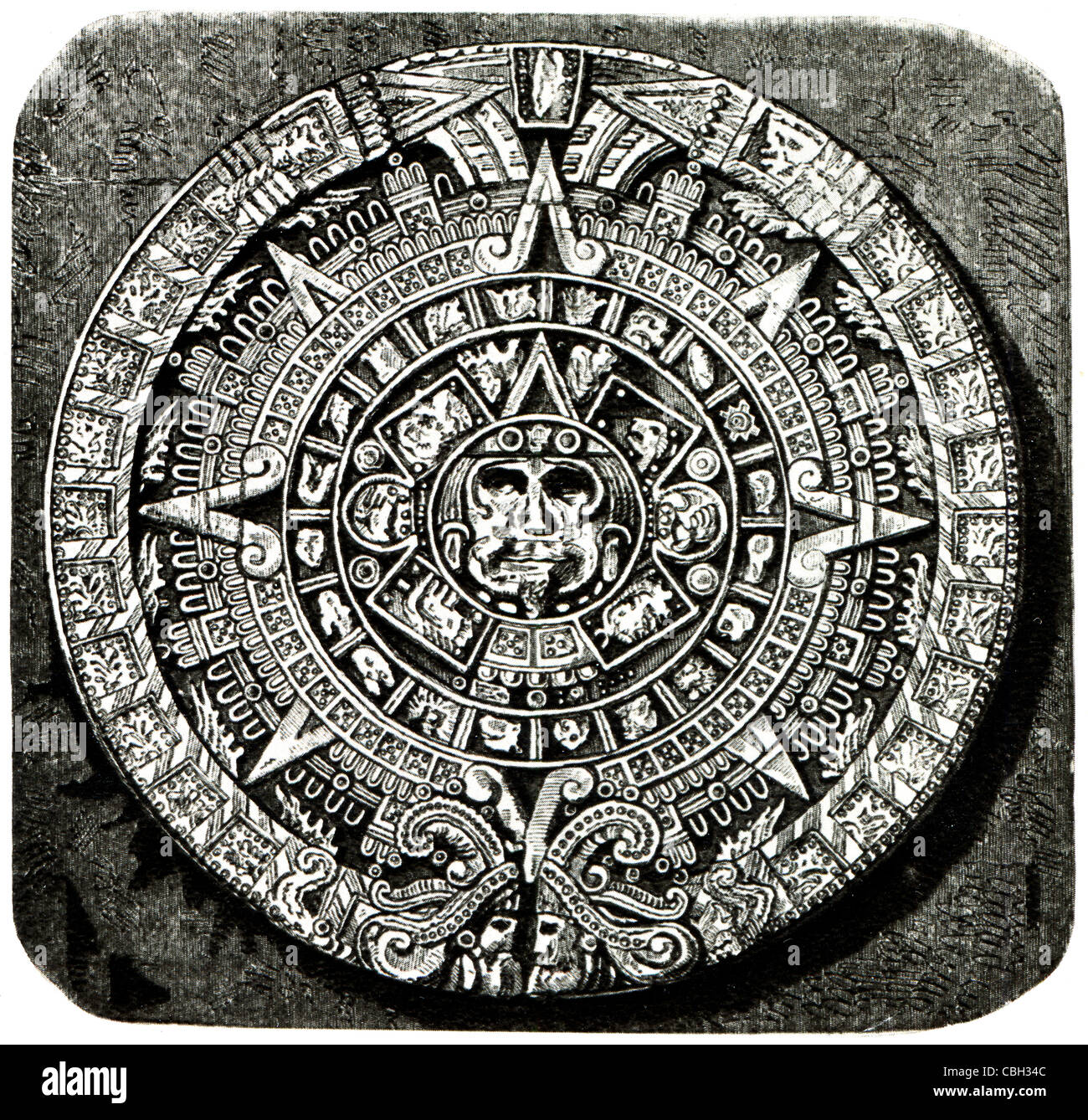 Ancienne illustration gravée la pierre calendaire aztèque. Livre "l'art de l'Amérique ancienne', Moscou, 1937 Banque D'Images