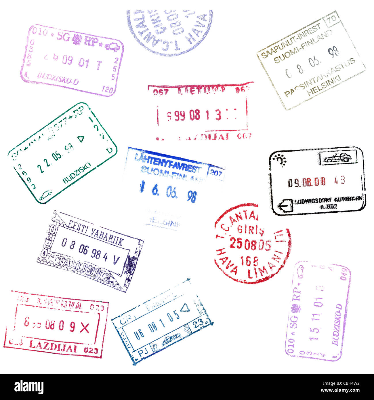 Timbres de passeport en couleur arrière-plan. Banque D'Images