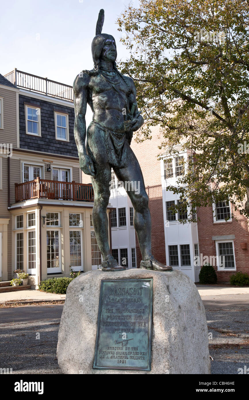 Statue de Massasoit, Grand Sachem des Wampanoags et Preserver protecteur des pèlerins, Plymouth, MA, USA Banque D'Images