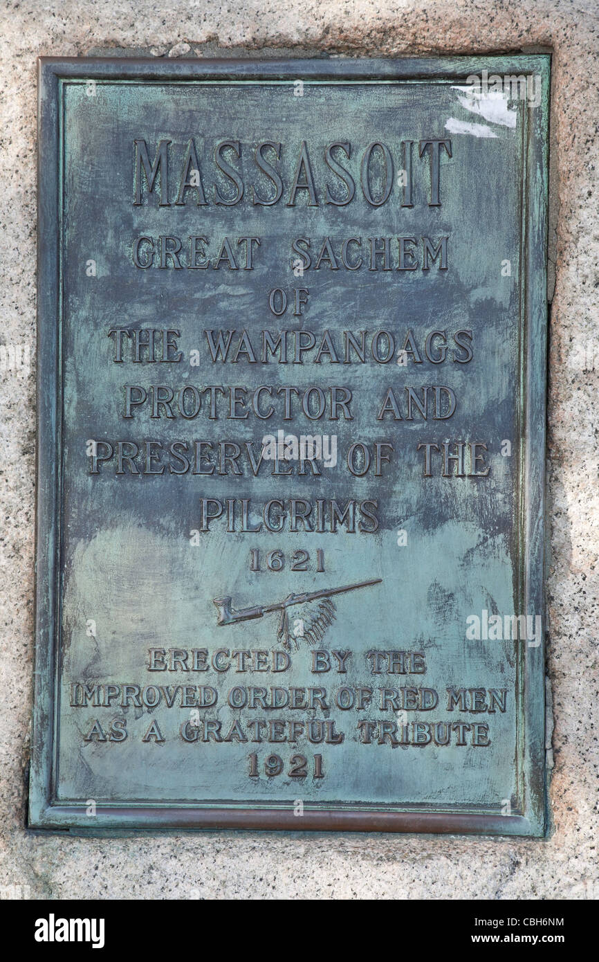 Plaque Massasoit, Grand sachem de la Wampanoags et Preserver protecteur des pèlerins, Plymouth, MA, USA Banque D'Images