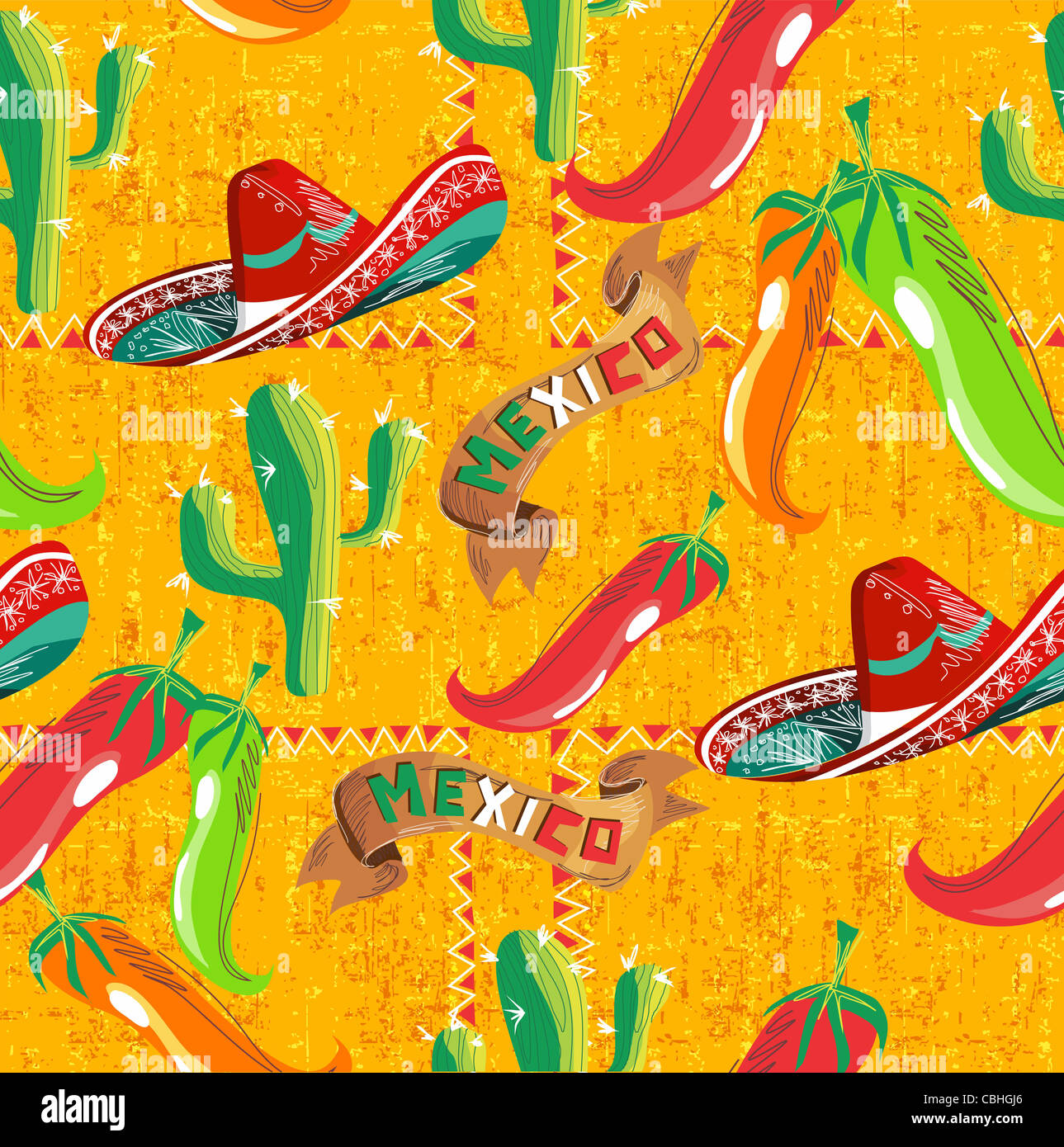 Motif mexicain avec cactus, hat and chill illustration over grunge background. Utile pour la conception de menus. Banque D'Images