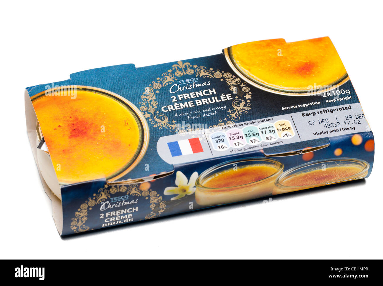 Deux pack de Tesco en date du Noël Français crème brûlée Banque D'Images