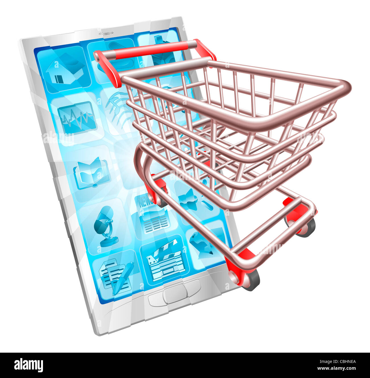Shopping Internet phone concept illustration. Panier battant hors de l'écran du téléphone. Banque D'Images
