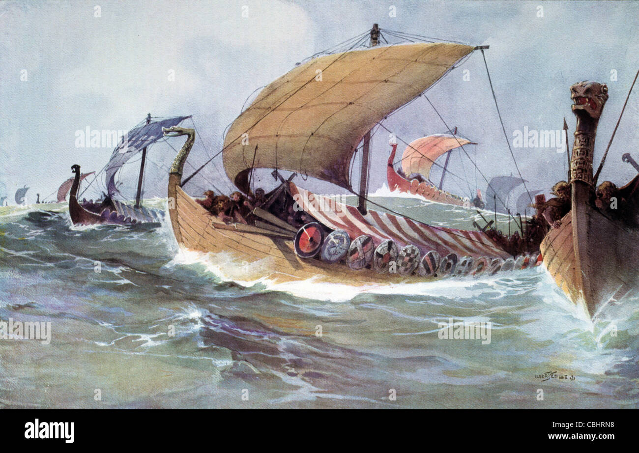 Navire viking, navires, flotte ou Armada traversant la mer. Peinture par Albert Sebille c1930. Banque D'Images