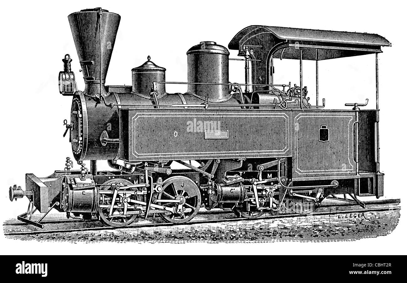 Système composé d'un véhicule ferroviaire 1846 locomotive train vapeur transport voyage véhicule moteur pistes voiture-coach de la roue de la machine Banque D'Images
