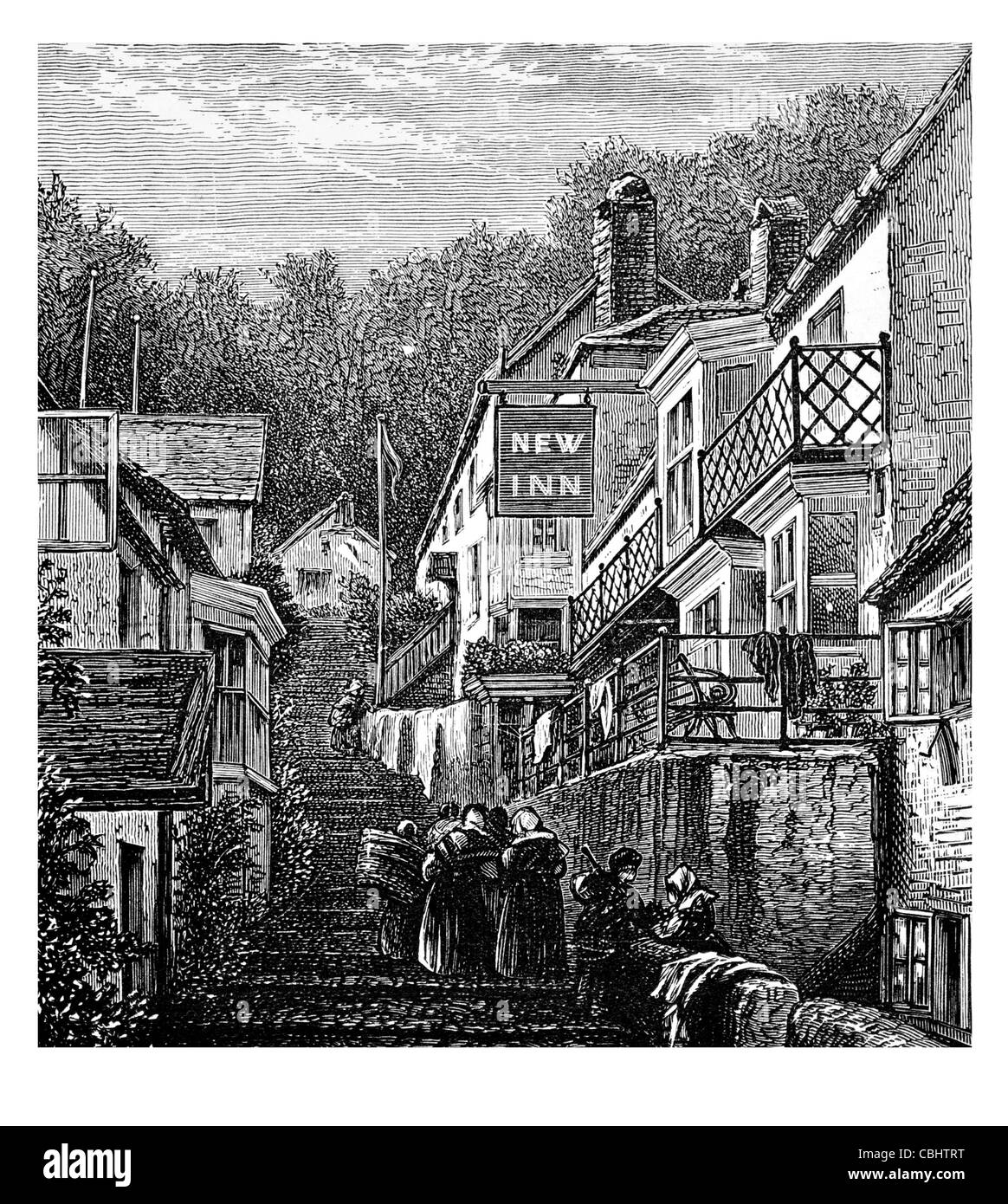 Village de Clovelly Torridge Devon, Angleterre histoire d'attraction touristique de la rue principale pavée de beauté woods wattle daub Chalets Chalet Banque D'Images
