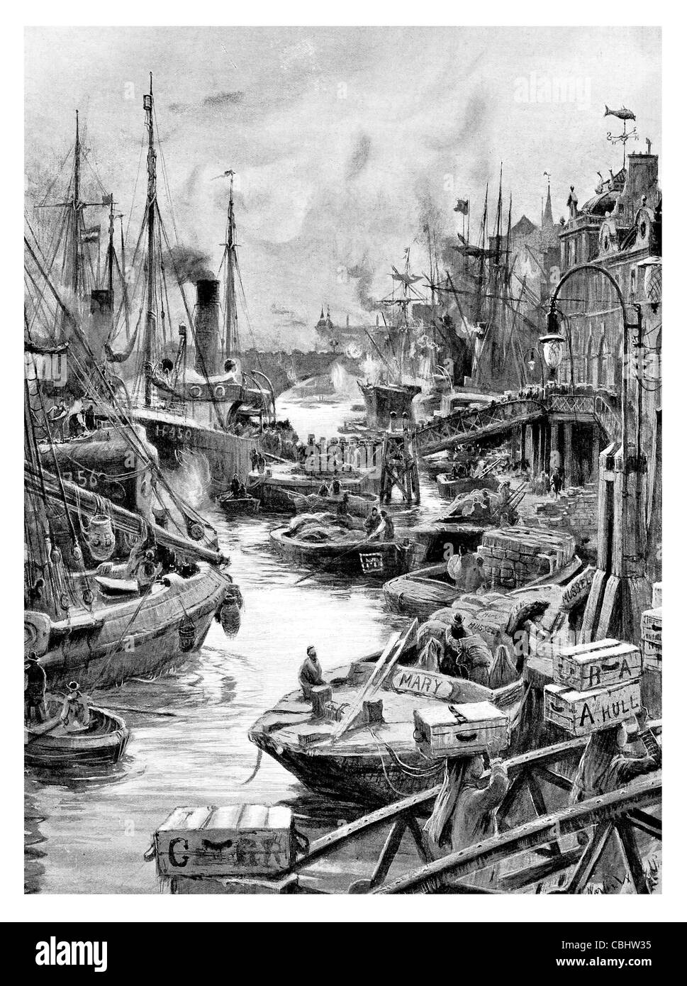 Port de mer, la charge est de Londres le Marché aux poissons de Billingsgate Angleterre de matières en vrac, la pêche d'un navire de commerce Banque D'Images