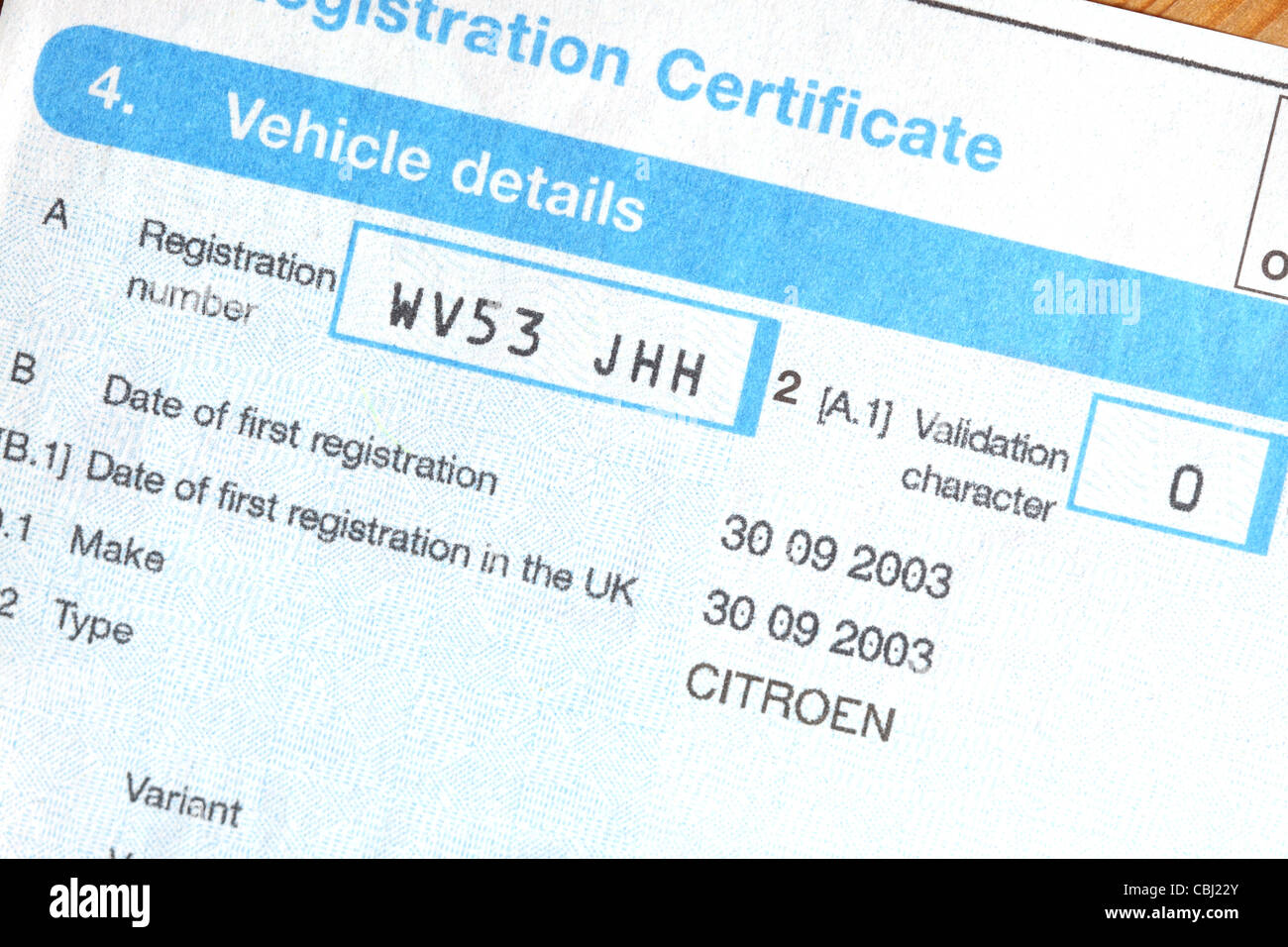 V5C Certificat d'immatriculation du véhicule DVLA document voiture Banque D'Images