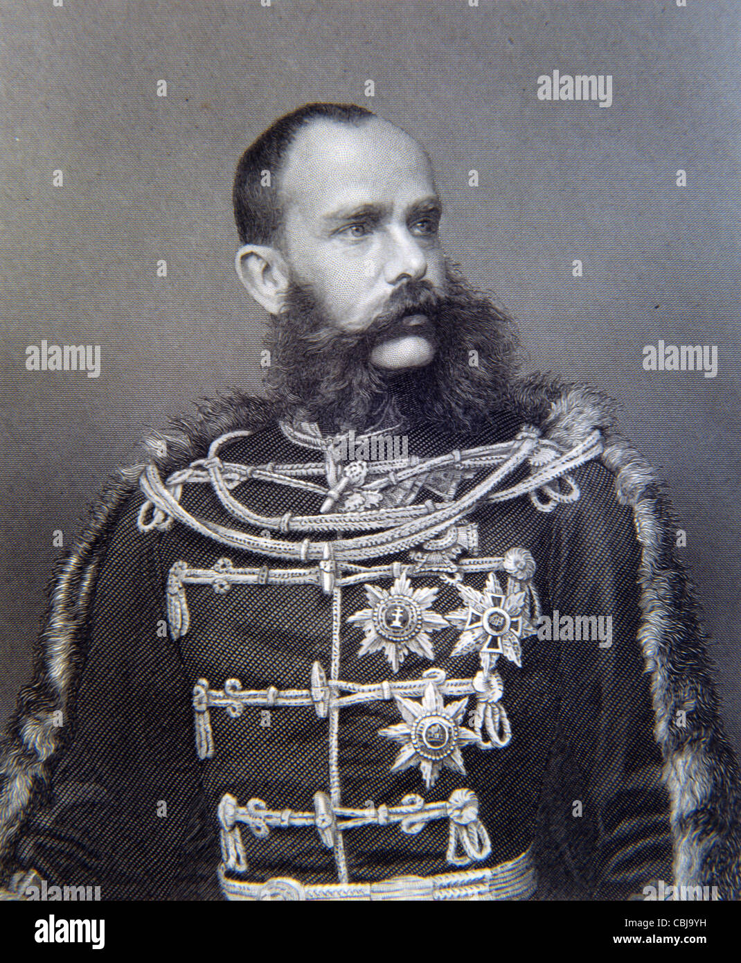 Portrait de Franz Joseph I ou de François Joseph I, empereur d'Autriche (1848-1916) et roi de Hongrie (1867-1916) Portrait en uniforme militaire. Illustration ancienne ou gravure Banque D'Images