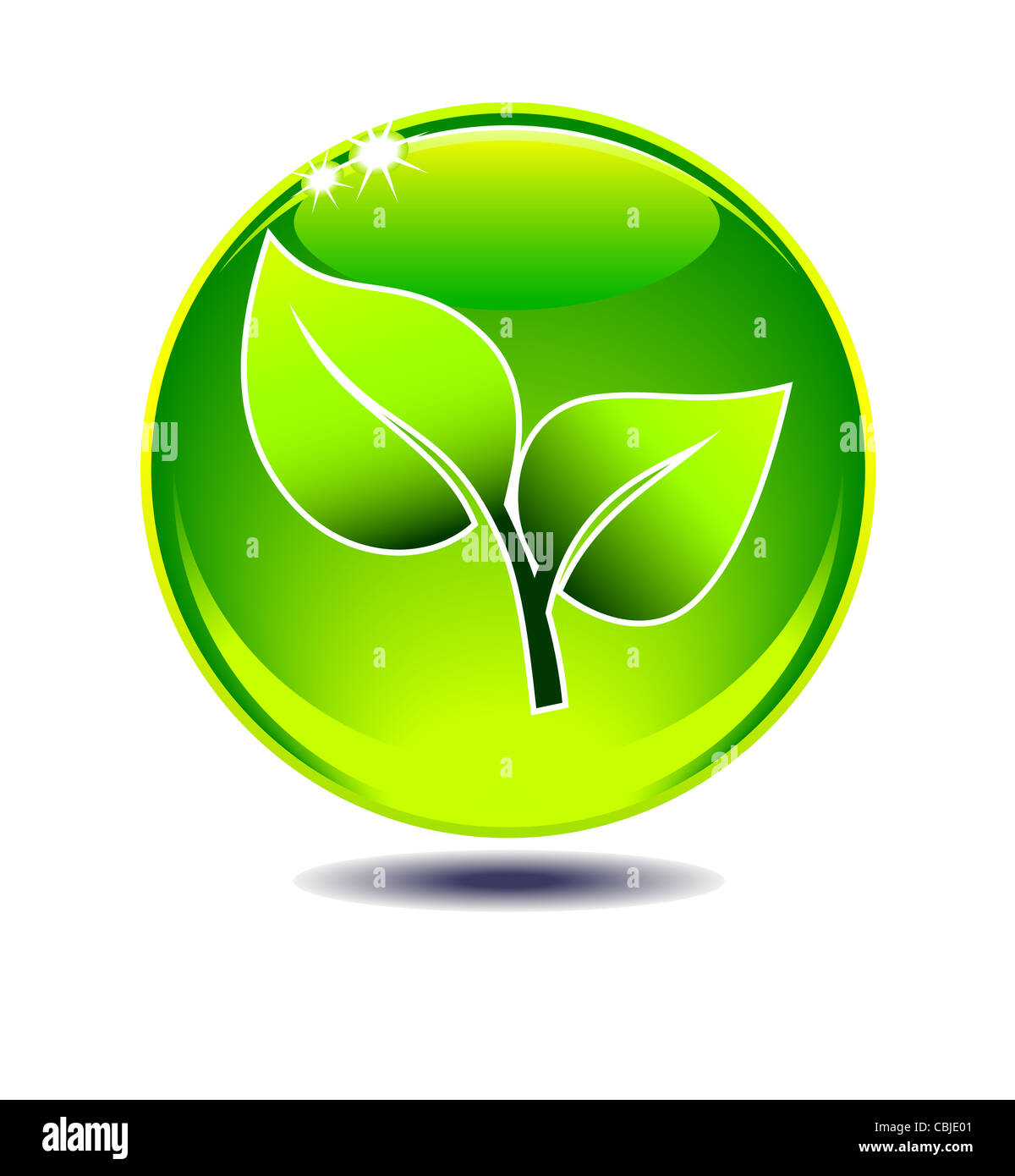 Concept vert à l'aide de feuille sur un symbole bouton vert Banque D'Images
