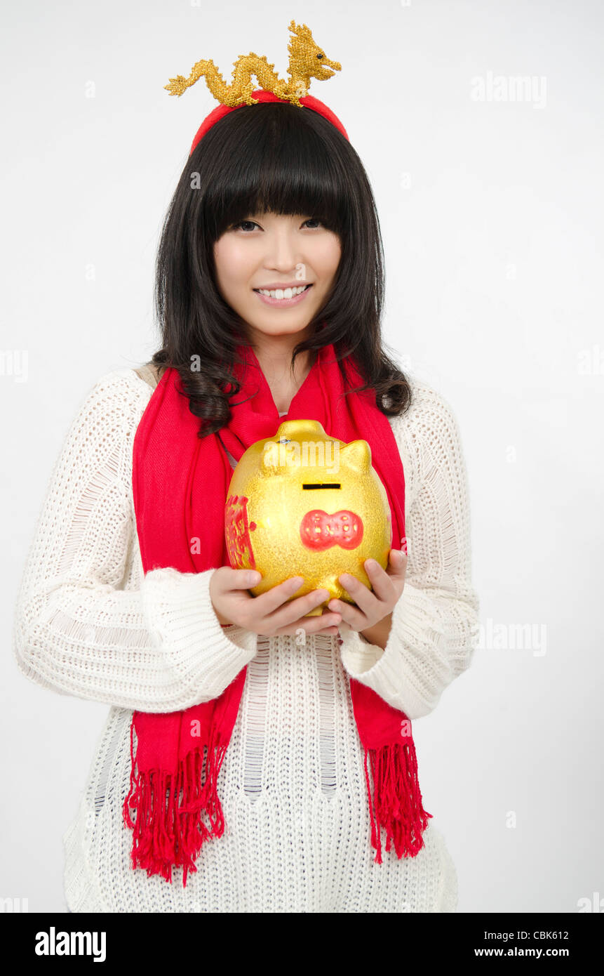 Asian Young Girl Happy Chinese New ans et venant de Noël Banque D'Images