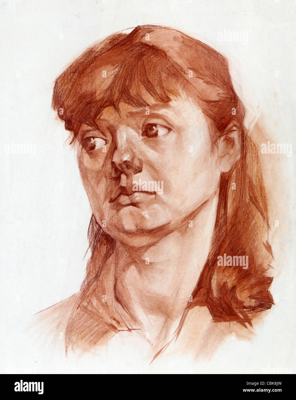 Portrait of a Girl graphiques sanguine peint Banque D'Images