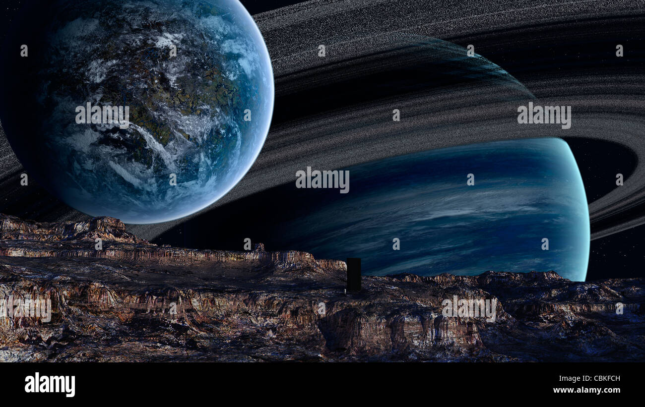 Une géante gazeuse est le foyer de plusieurs mondes et worldlets. Hommage à 2001. Banque D'Images