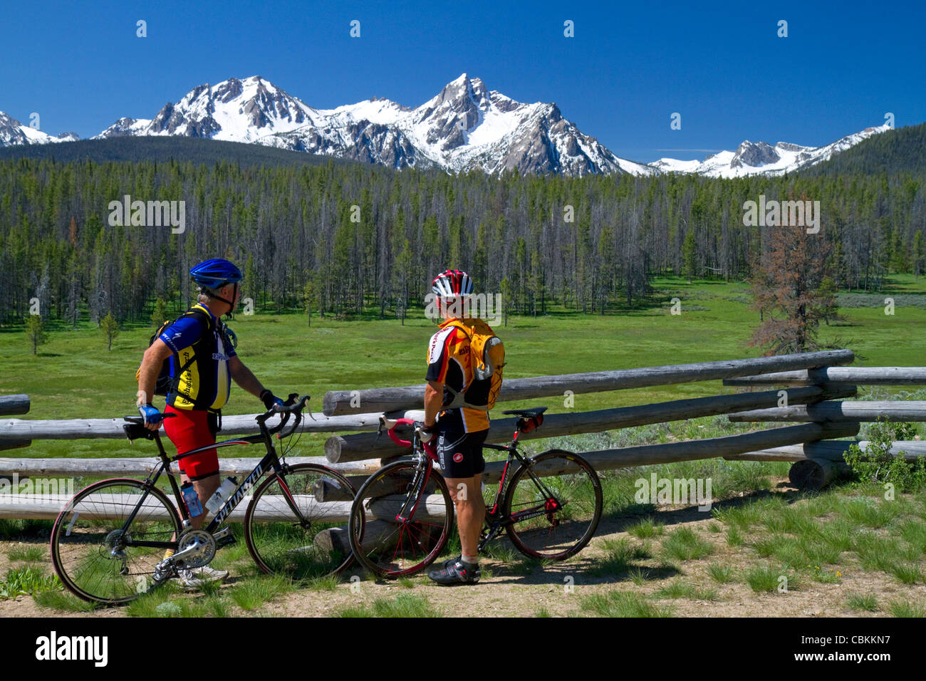 Cyclo-randonneurs arrêter pour une vue de la gamme de montagne de scie près de Stanley, Idaho, USA. Banque D'Images