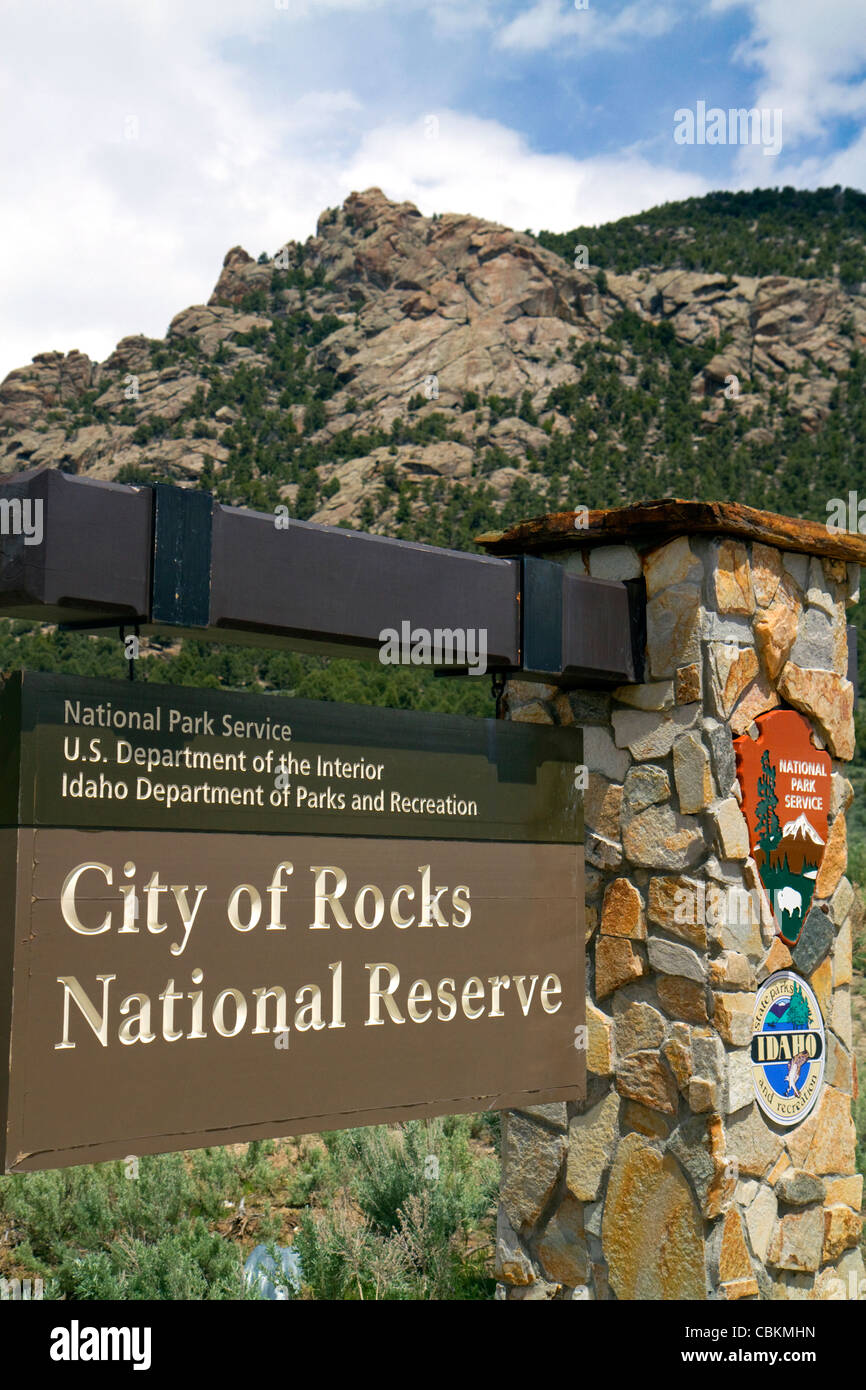 Pancarte "la ville des roches Réserve Nationale et State Park dans le comté de Cassia, Florida, USA. Banque D'Images