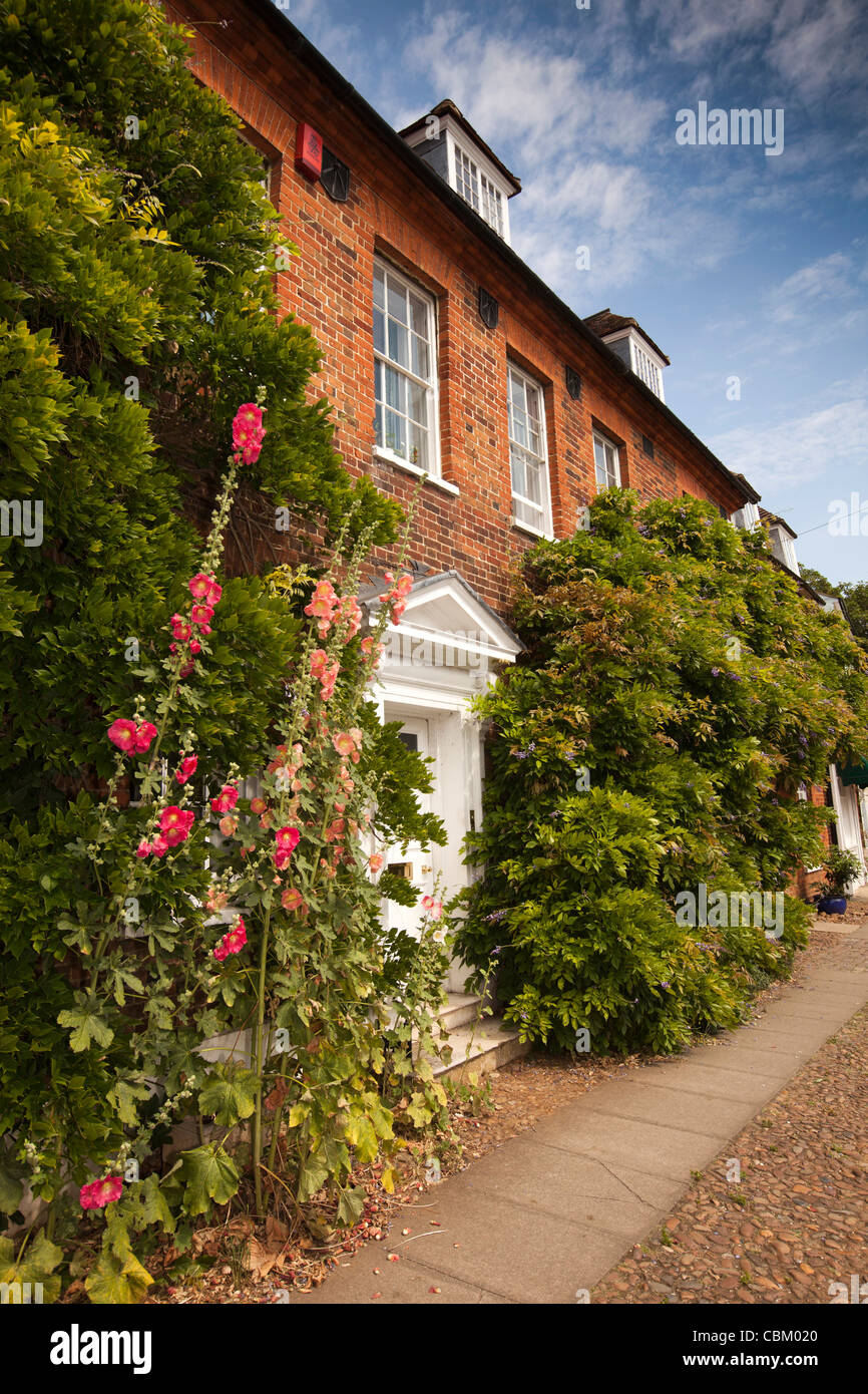 Royaume-uni, Angleterre, Bedfordshire, Woburn, Leighton Street, roses trémières hors Maison dans petit jardin devant Banque D'Images