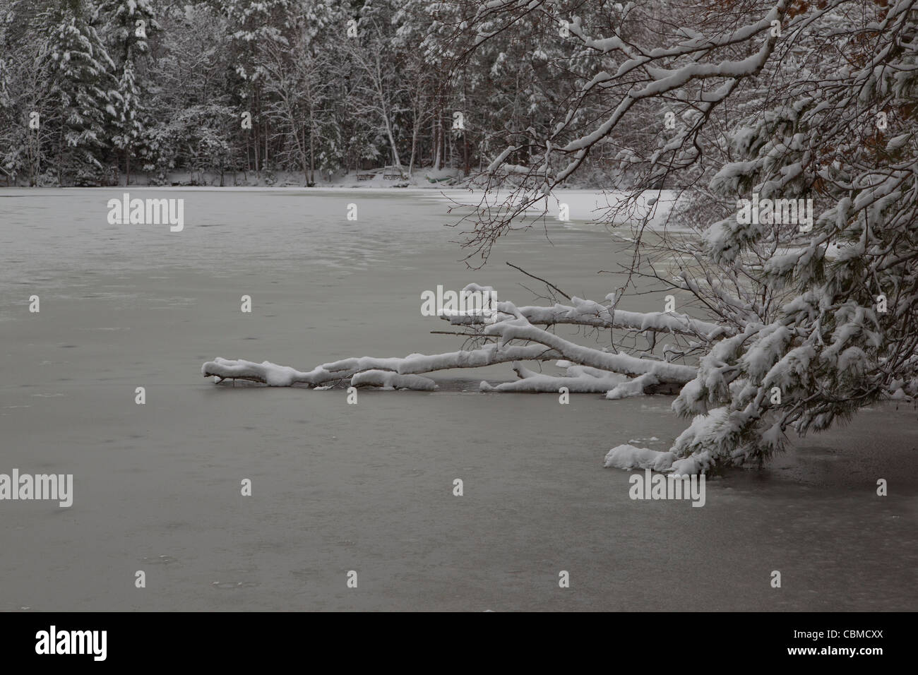 Une photo d'un couvert de glace et de neige rivière Wisconsin après une tempête de décembre à Rhinelander au Wisconsin. Banque D'Images
