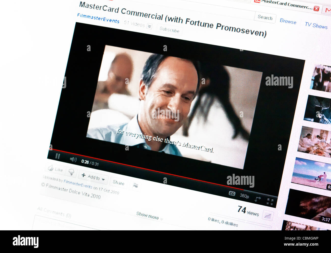 Mastercard Commercial inestimable sur Youtube sur ordinateur Banque D'Images
