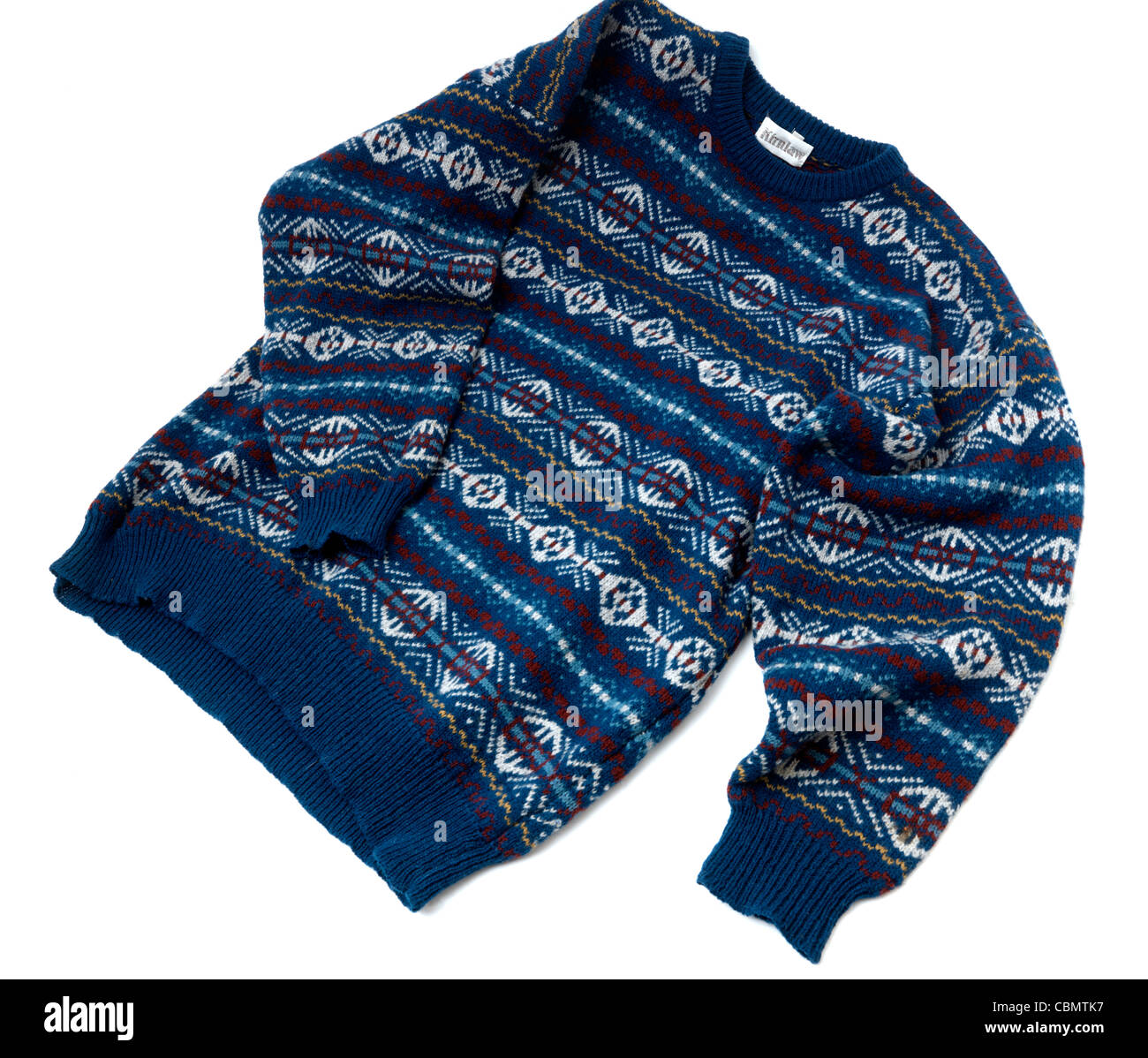 Cavalier de laine à motifs bleus pris dans le Fair Isle Ecosse Banque D'Images