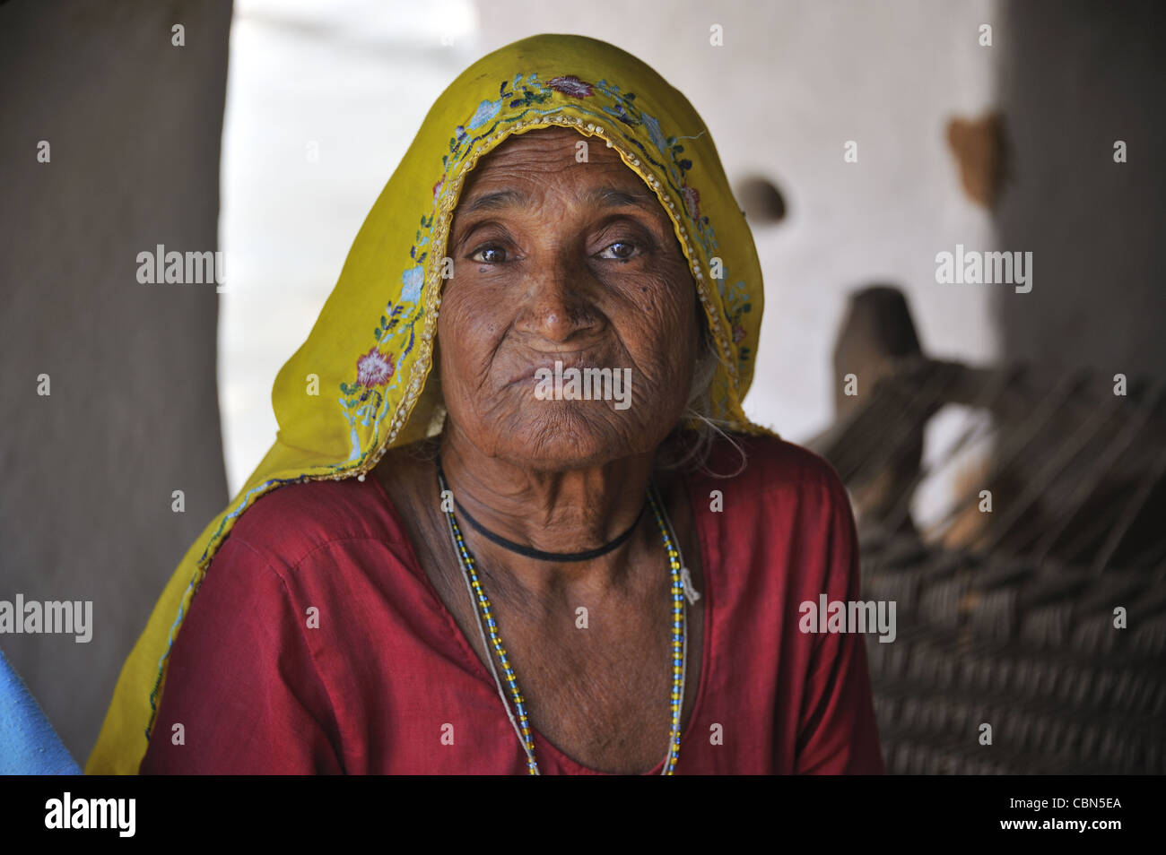 Un vieux village tribal indien femme dans sa hutte Banque D'Images
