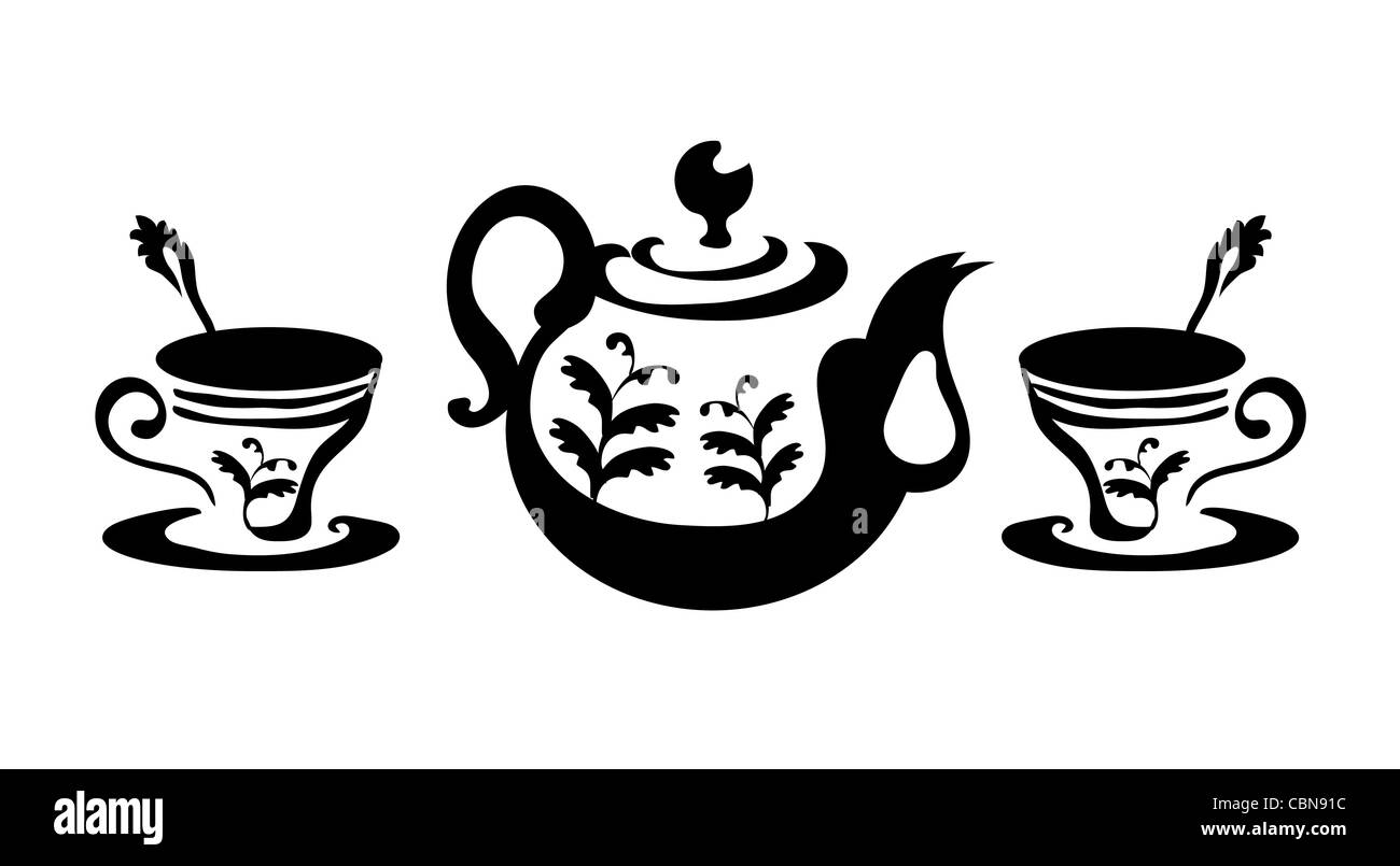Théière et tasses à café ou thé avec un contraste élevé stylisé illustration Banque D'Images