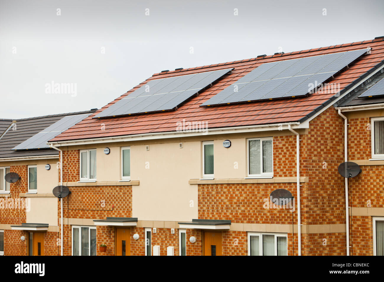 De nouvelles maisons en construction verte à la périphérie de Sunderland, Royaume-Uni. Banque D'Images