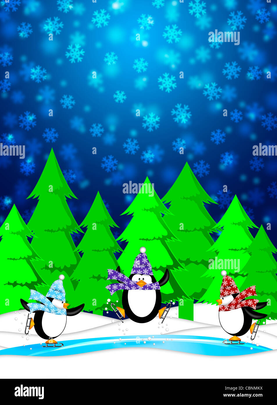 Trois pingouins en patinage Patinoire Neige Winter Scene Illustration fond bleu Banque D'Images