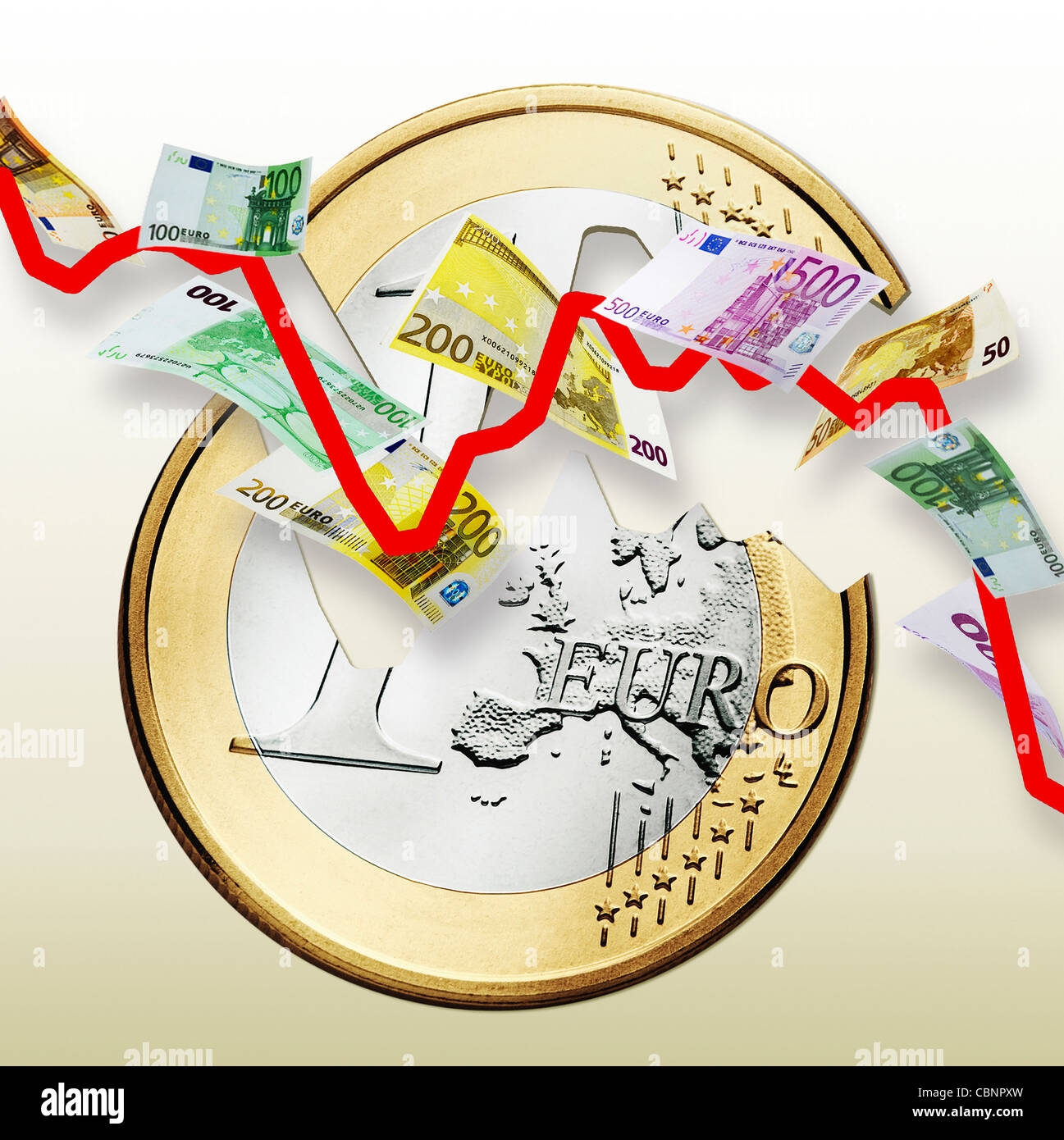 Une pièce en euros divisé en deux par la courbe des taux de change pour le Dollar US, battant l'Euro. Banque D'Images Une pièce en euros divisé en deux par la courbe des taux de change pour le Dollar US, battant l'Euro. Banque D'Images