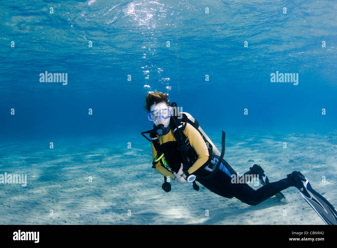 Plongeur femelle sur du sable blanc dans l'eau bleu clair Banque D'Images
