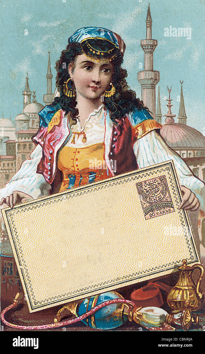 Victorian Woman Holding à Paris Carte Postale géante Banque D'Images