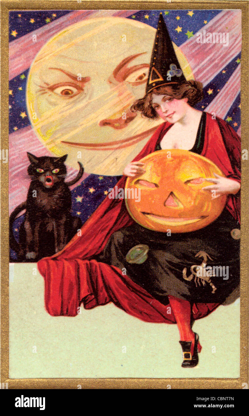 Belle sorcière Halloween & Man in the Moon Banque D'Images