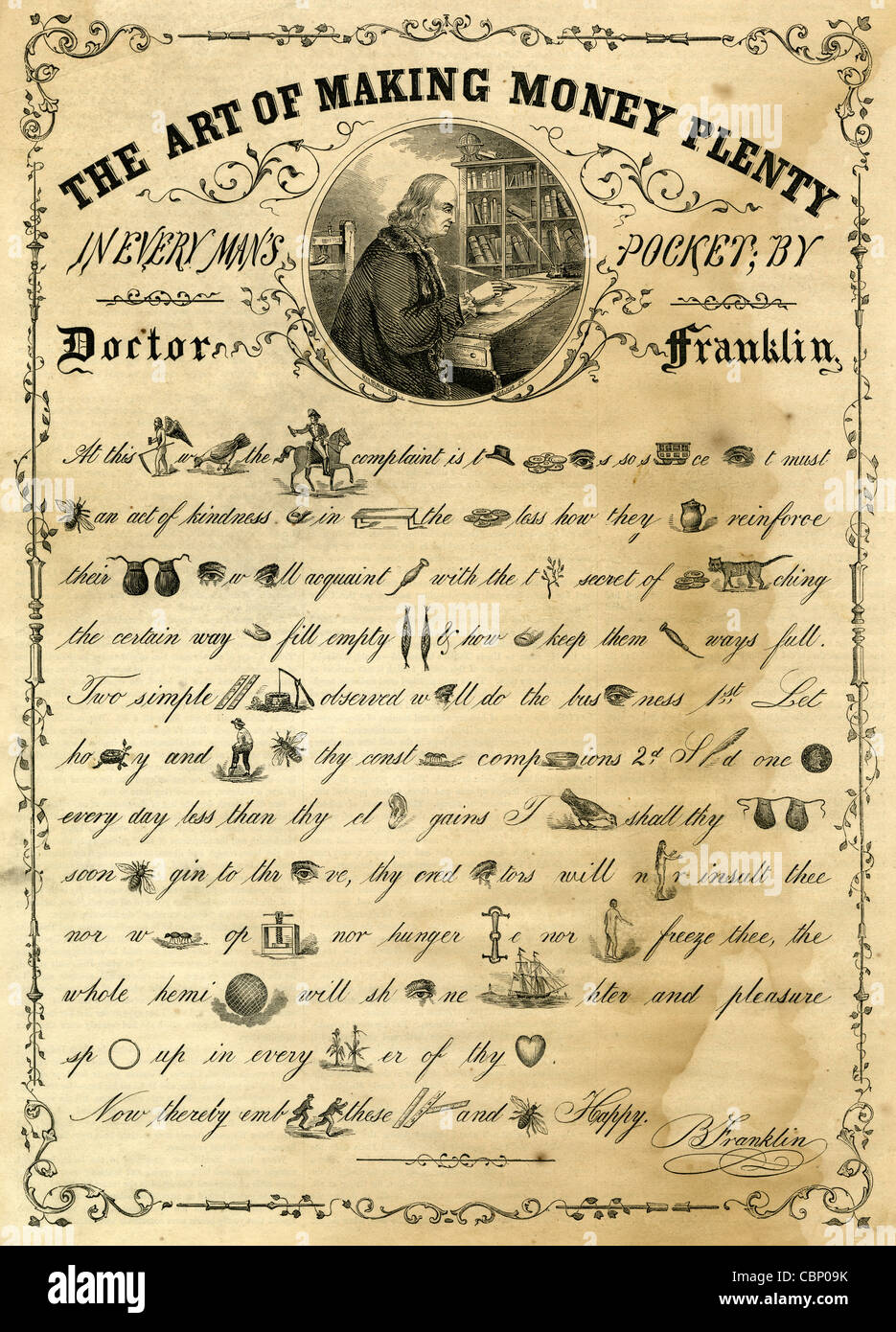 1854 gravure, "l'art de faire de l'argent beaucoup en chaque homme's Pocket' en pictogrammes par Benjamin Franklin. Banque D'Images