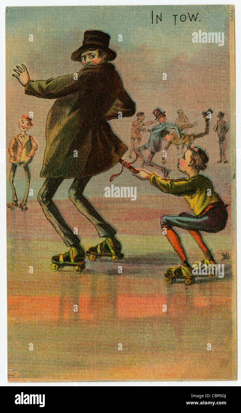 Circa 1890 Victorian trade card, "dans le remorquage," montrant un garçon sur patins à la tenue d'une ceinture de l'homme. Banque D'Images