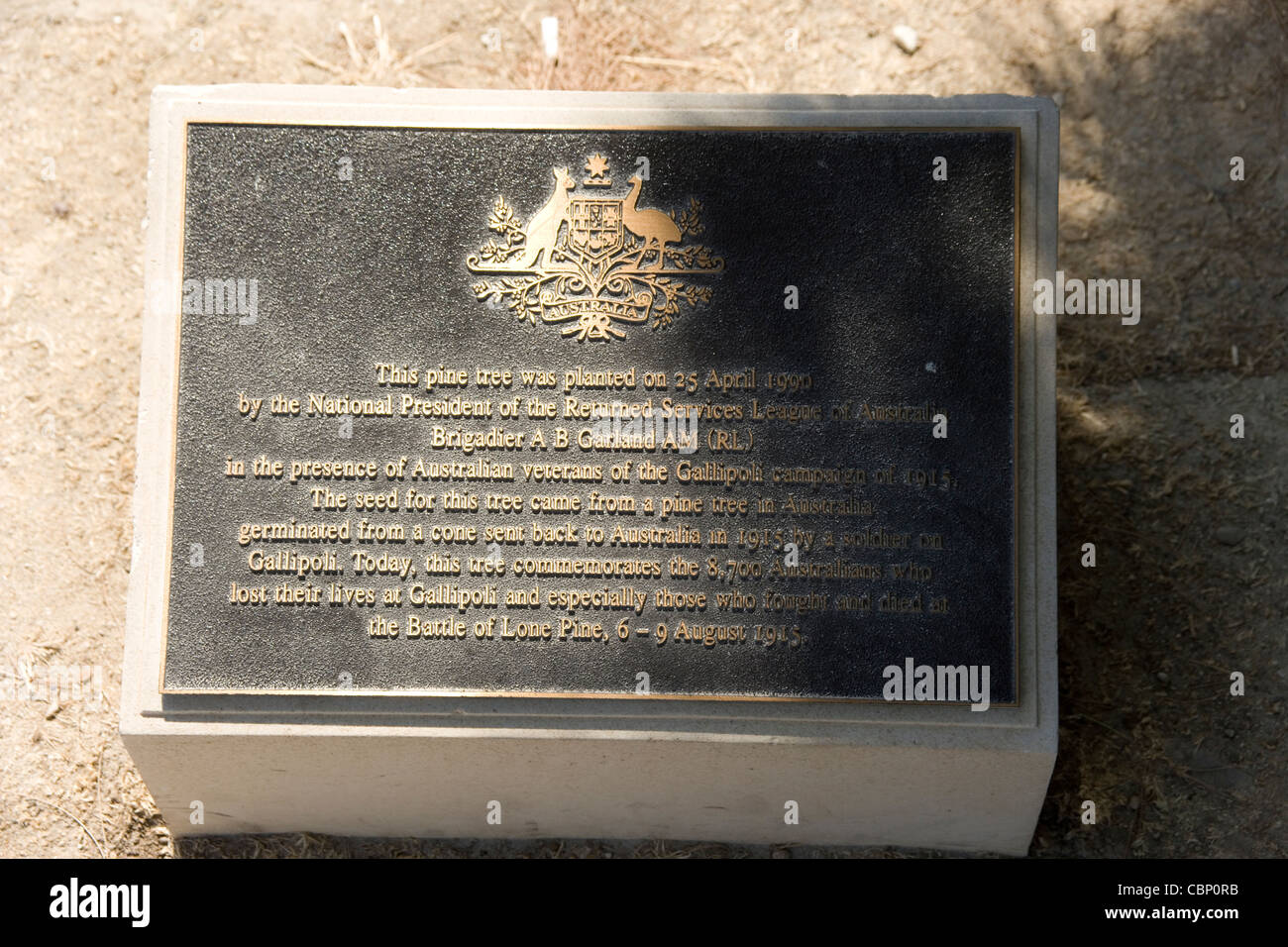 Sur la plaque le pin à Lone Pine Memorial et du Commonwealth War Graves Commission Cemetery dans le domaine de l'Anzac à Gallipoli Banque D'Images