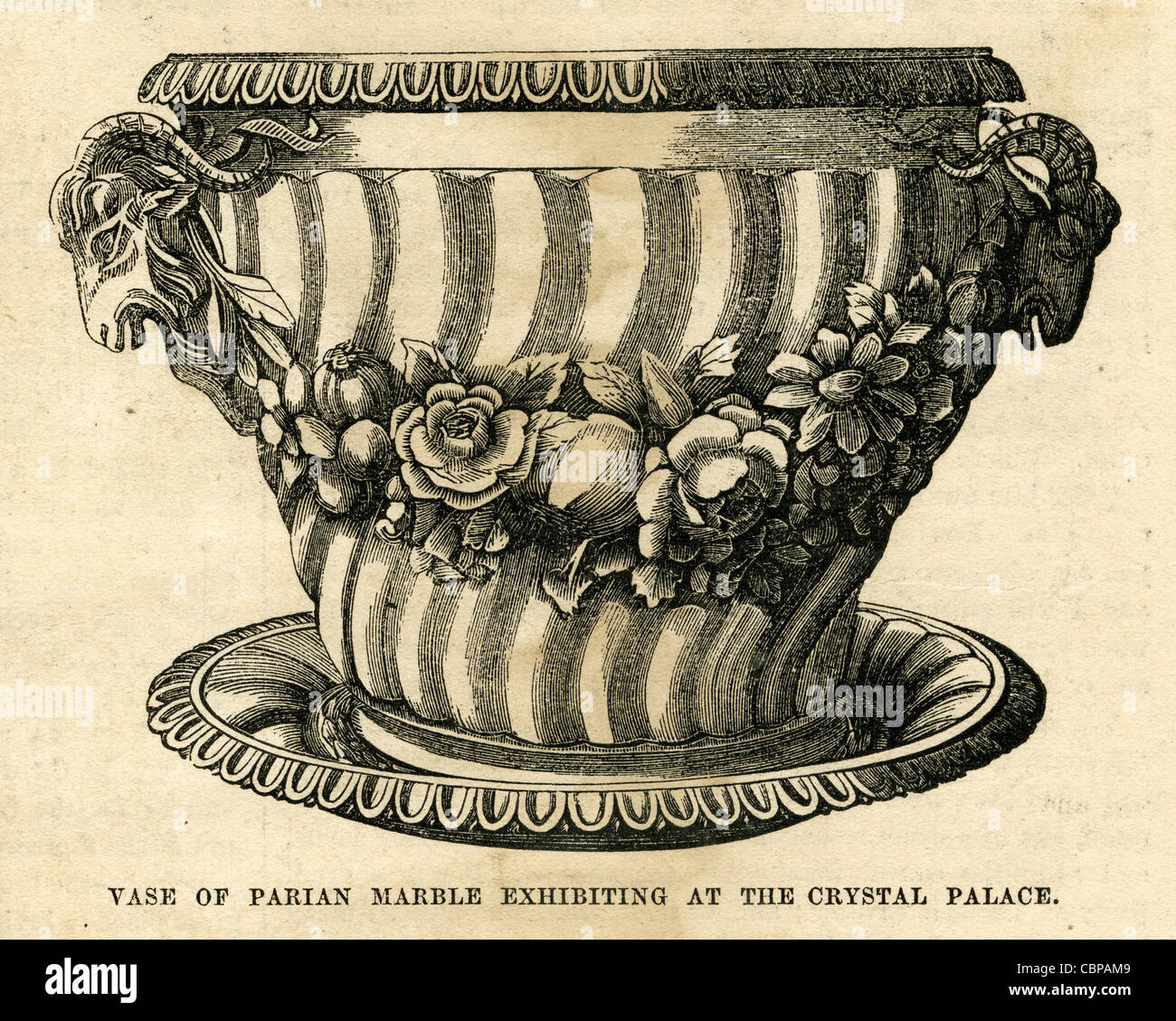 1854 gravure, Vase de marbre de Paros expose au Palais de Cristal. Banque D'Images