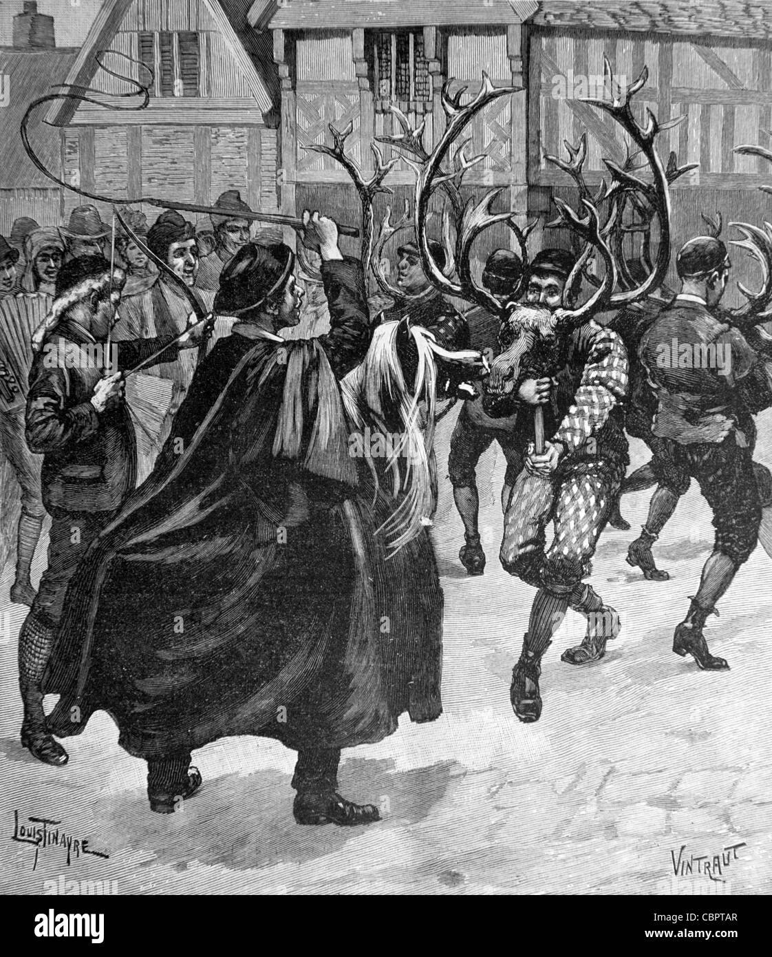 Abbots Bromley Horn Dance, ou la traditionnelle Horn Dance, ou English Folk Dance avec Morris Men & Reinner Antlers chez Abbots Bromley, Staffordshire, Angleterre. c19th Engraving ou Vintage Illustration Banque D'Images