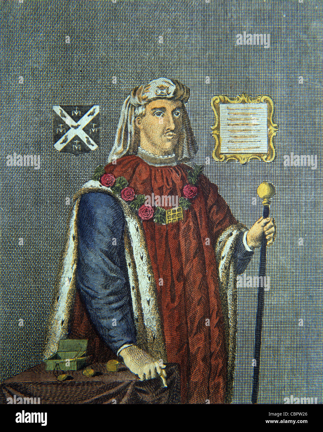 Henry Fitz Ailwin, alias Eylwin, Fitz-Ailwyn ou Fitz-Ailwin, Maire du premier Seigneur de Londres (Maire 1180-1212). Portrait habillé dans le costume du maire. Illustration ancienne ou gravure Banque D'Images