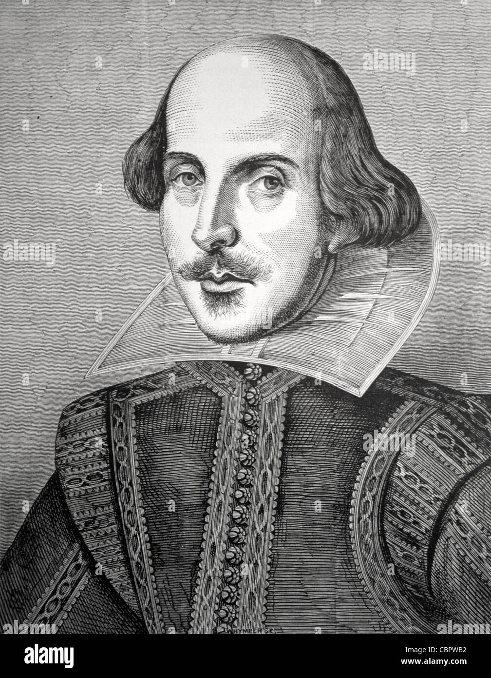 William Shakespeare (1564-1616) Portrait de Martin Droeshout. Frontispice de la première édition Folio des œuvres collectées en 1623. Illustration ancienne ou gravure Banque D'Images