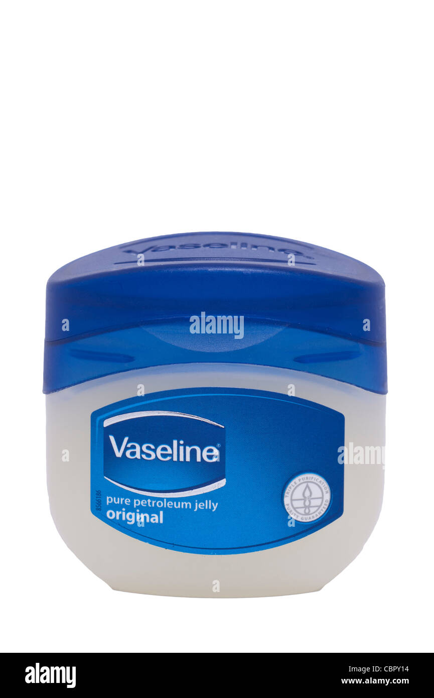 Un pot de vaseline pure Vaseline original sur un fond blanc Banque D'Images
