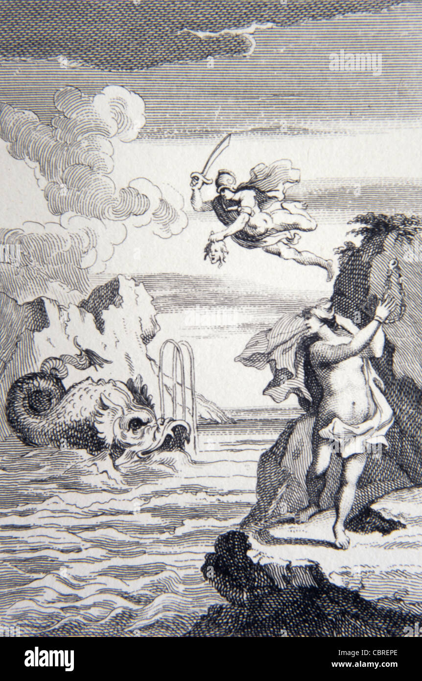 Persée vole au-dessus de la Libye pour libérer d'Andromède. Gravure par William Hogarh au début, c18e. Banque D'Images