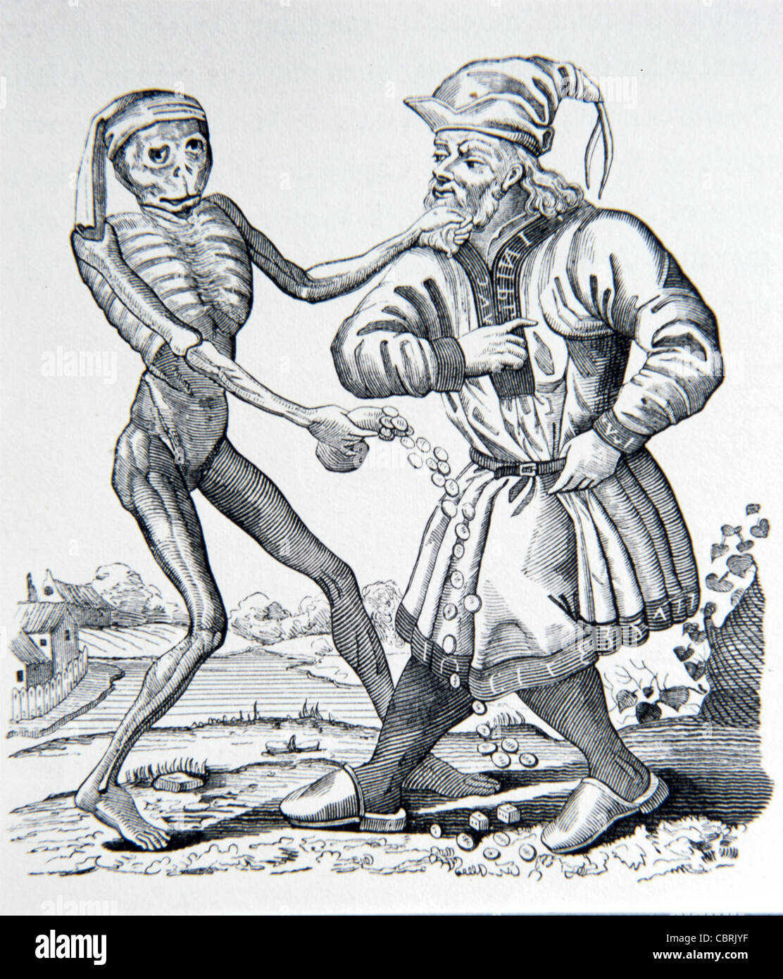 Le juif avec de l'argent ou Moneylender et la mort, la danse de la mort, gravure par Matthew ou Mathaus Merian, 1641. Gravure ou illustration ancienne Banque D'Images