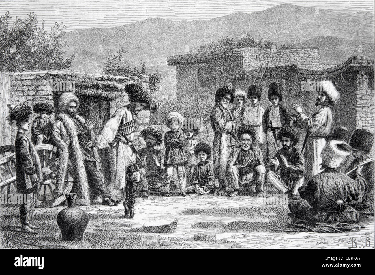 Danse populaire de montagne dans le village de Dagestan, République de Dagestan, Russie 1868 gravure ou illustration ancienne Banque D'Images