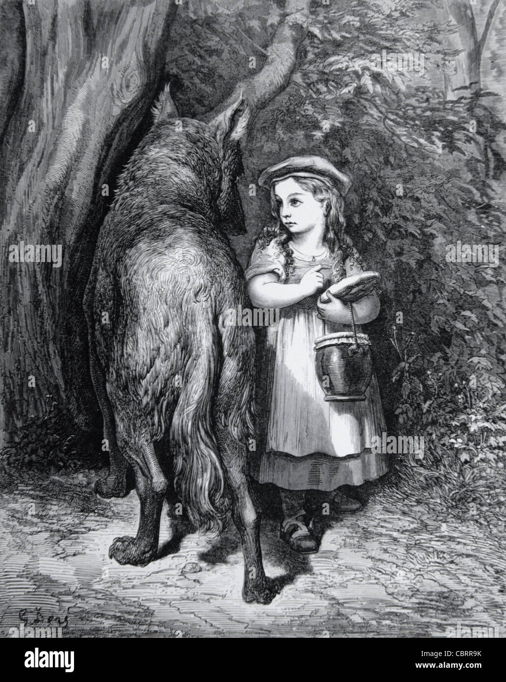 Little Red Riding Hood & The Big Bad Wolf Fairy Tale or Folk Story, gravure par Gustave doré, 1862 Banque D'Images