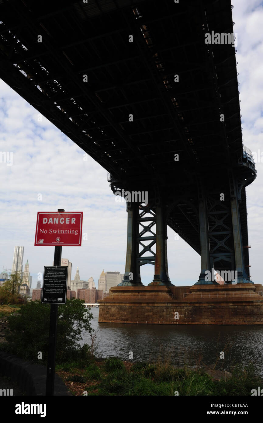 Portrait rouge "attention pas de piscine, pas de pêche', East River, en dessous du pont de Manhattan, Fulton Ferry Park, Brooklyn Dumbo, NY Banque D'Images