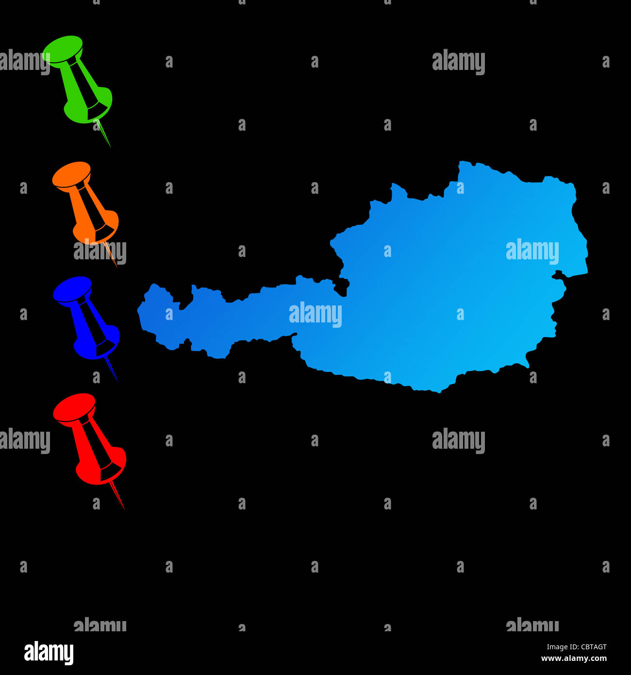Autriche La carte de voyage avec des punaises sur fond noir. Banque D'Images